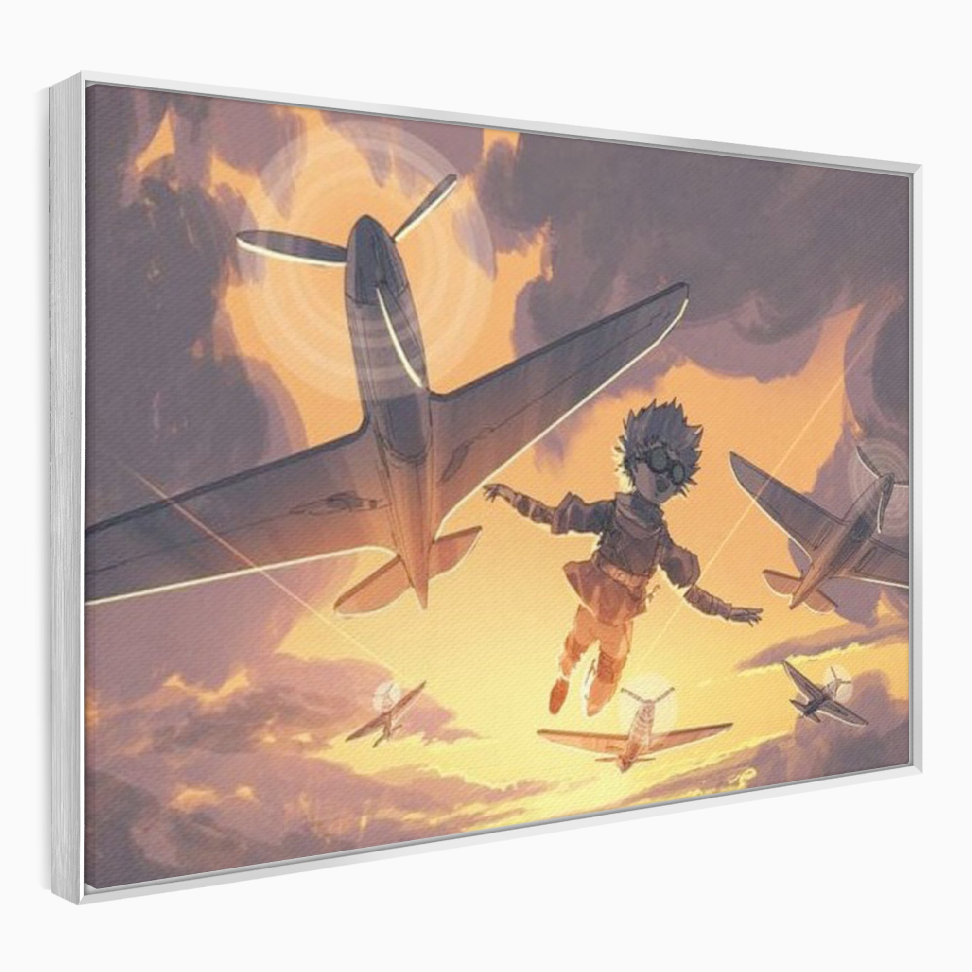 Tablou canvas cu ilustratie digitala cu un baietel zburand alaturi de avioane, in rama de aluminiu argintiu